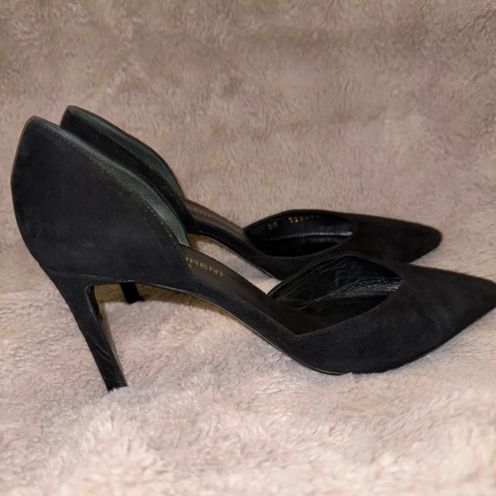 Saint Laurent Paris Black Suede D’Orsay Pointed Toe Stiletto Heels | Designer - Picture 2 of 10
